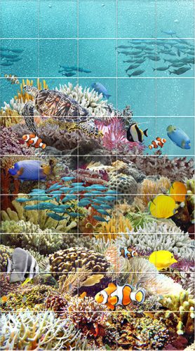 Tile mural with tropical fish, coral reef, and sea turtle